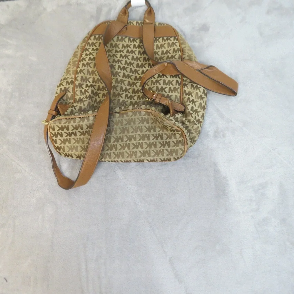 Michael Kors Abbey Backpack Signature Monogram Canvas Tan Leather Gold Hardware